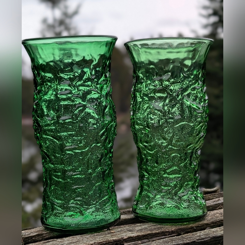 Vintage MCM E.O. Brody Green Crinkle Glass Vases (Set of 2)